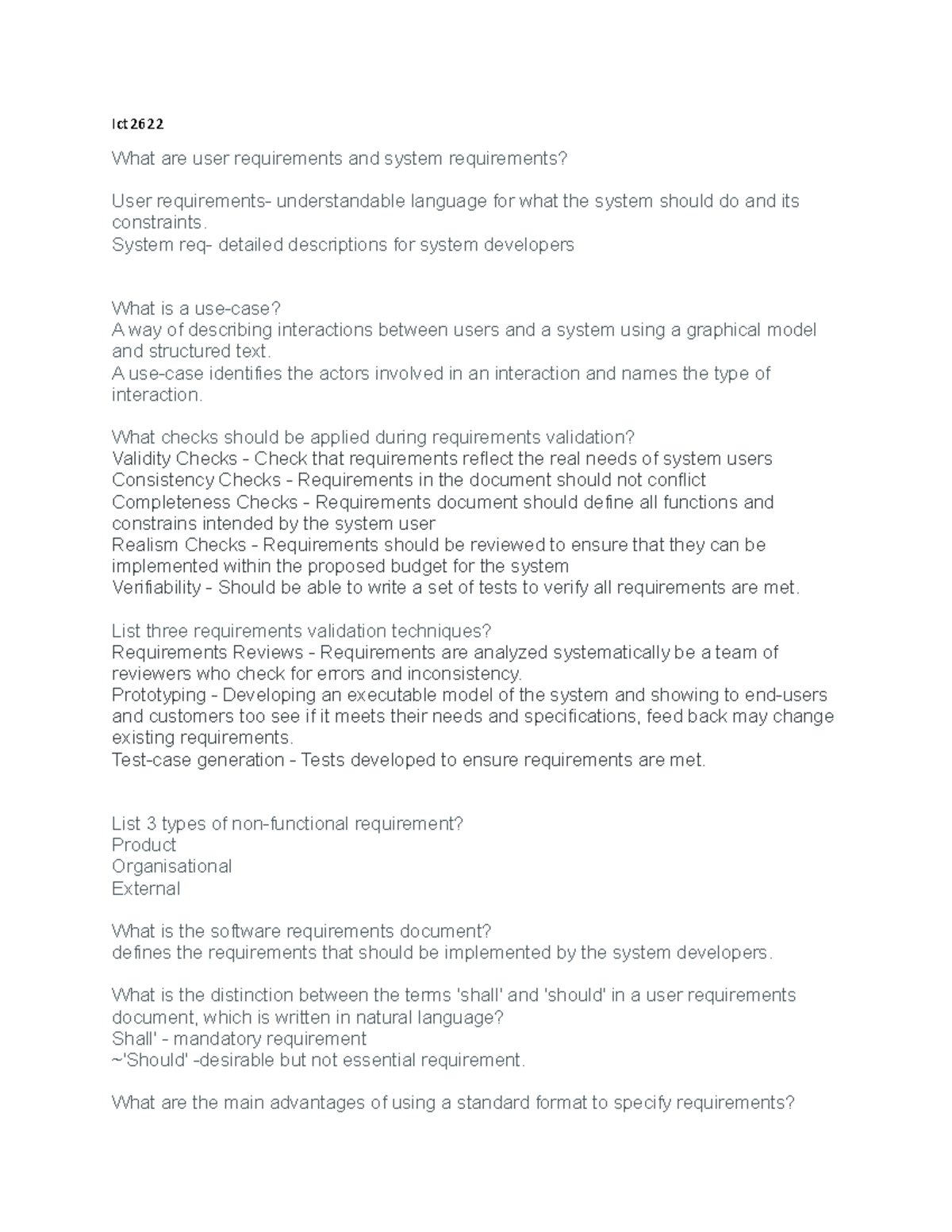 Ict2622 Requirements Engineering Notes: User & System Requirements ...