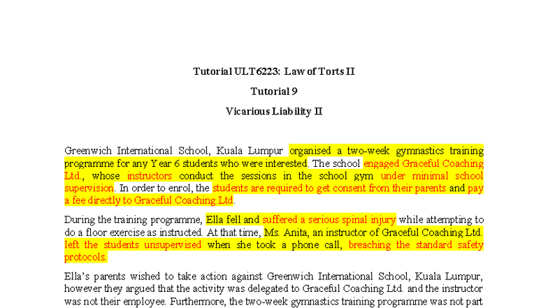 Tutorial ULT6223: Law of Torts II - Vicarious Liability Analysis - Studocu