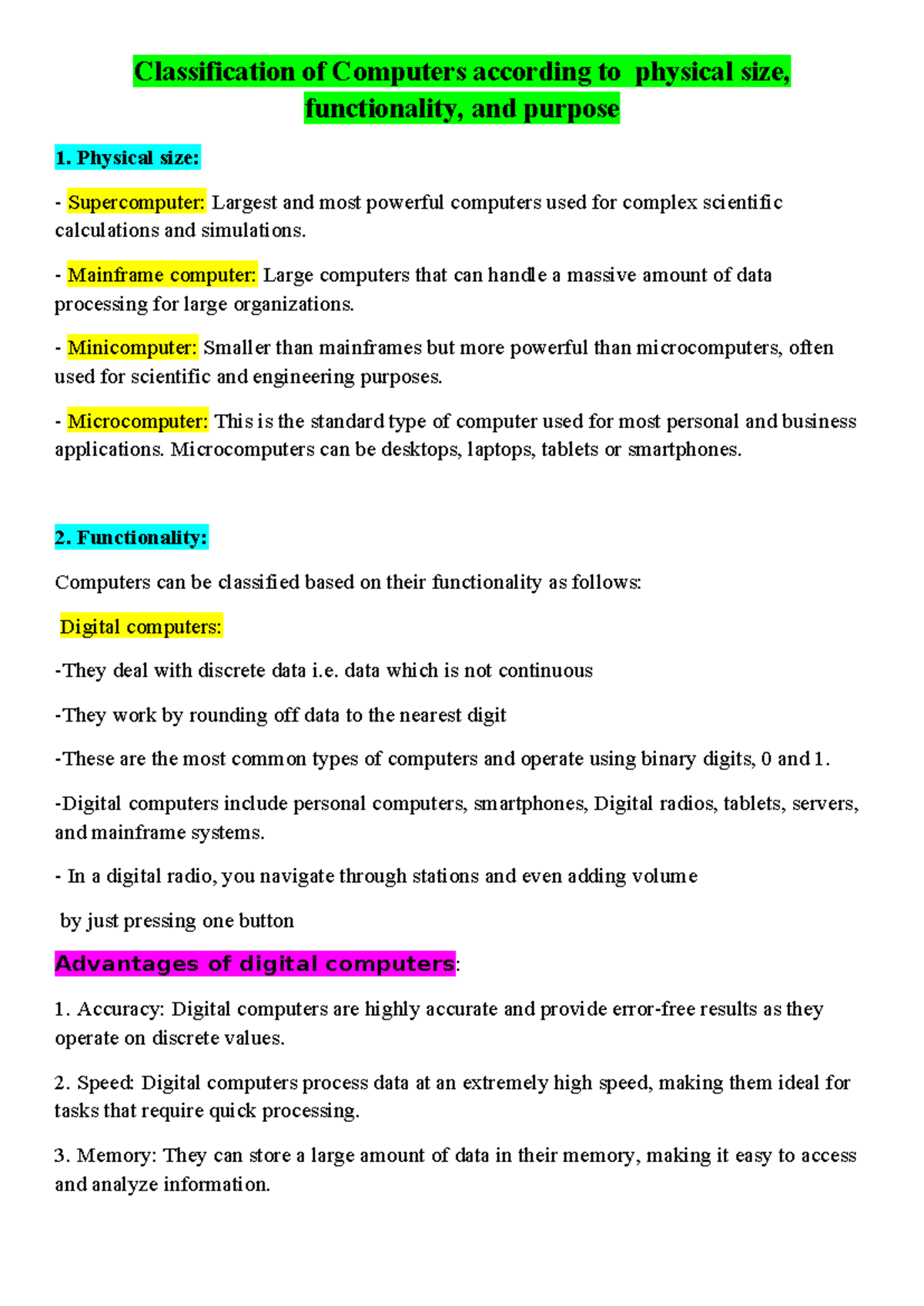 ICT 1 Lesson 2: Classification of Computers by Size, Function, Purpose ...