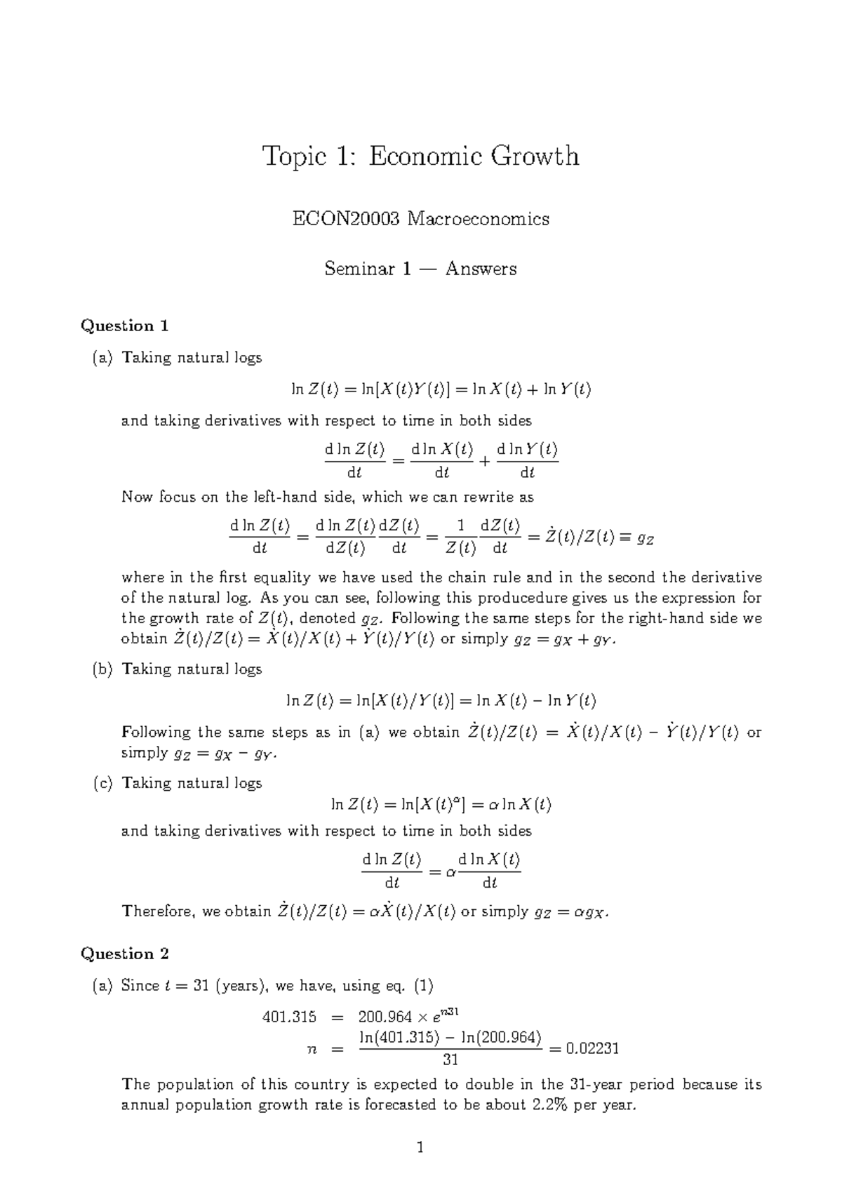 ECON2000 3 Topic 1 S1 Seminar Answers on Economic Growth - Studocu