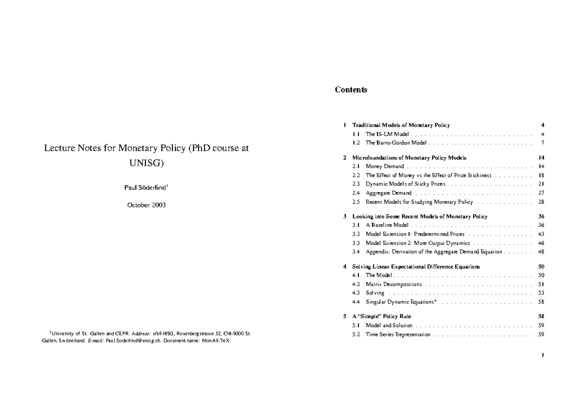 Monetary Policy Lecture Notes (PhD Course at UNISG) - Studocu