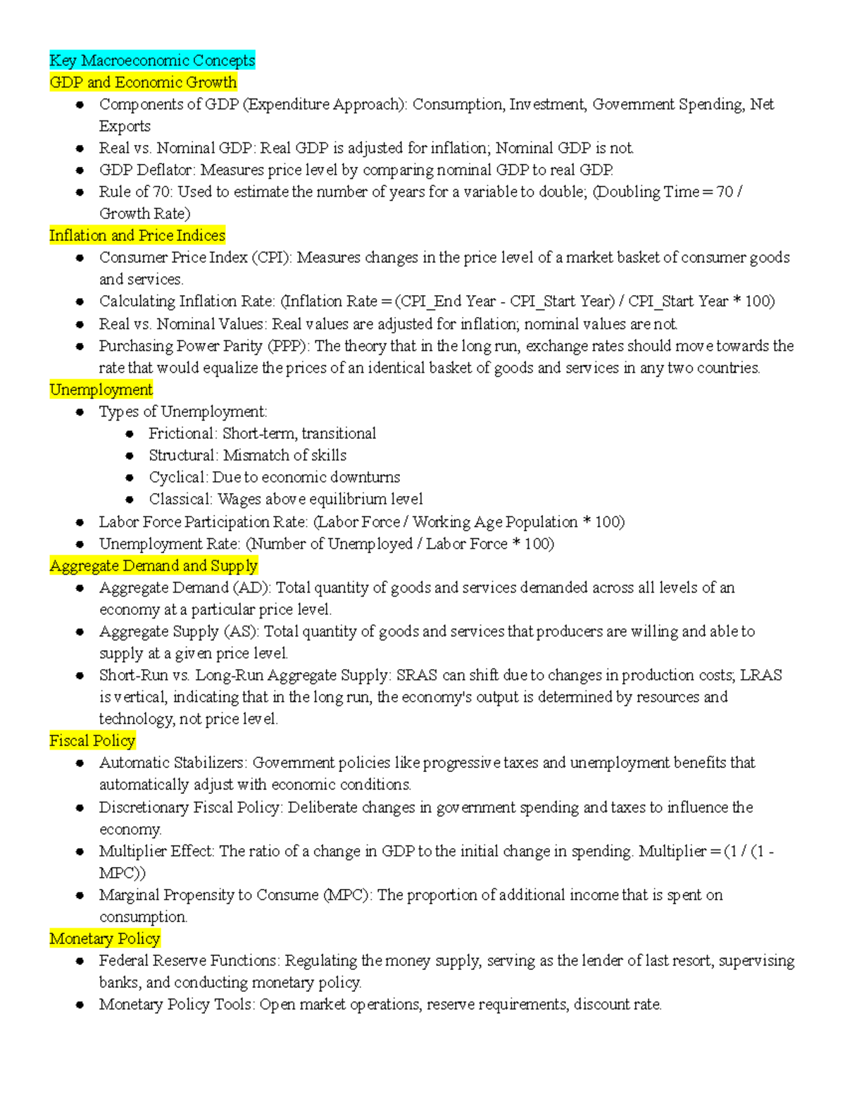 Macro Cheat Sheet 1: Key Concepts in Macroeconomics - Studocu
