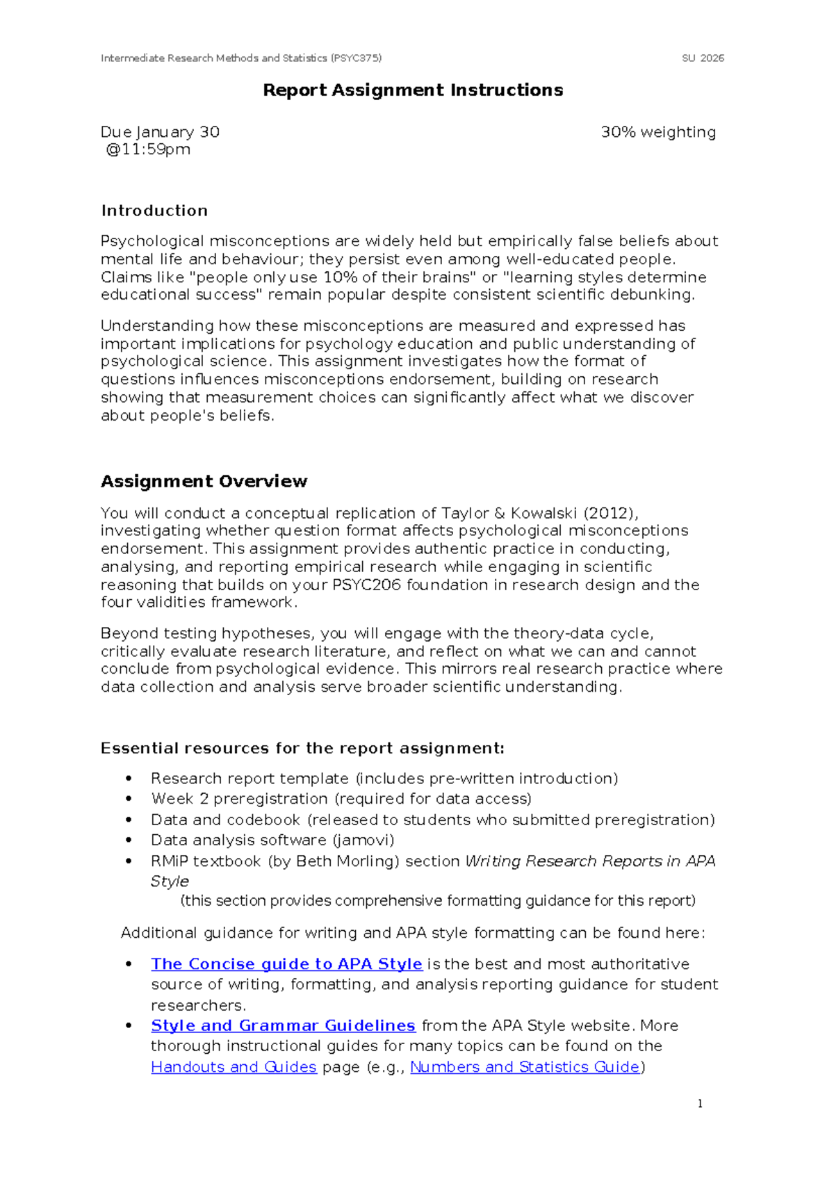 PSYC375 Intermediate Research Methods Report Assignment Instructions ...