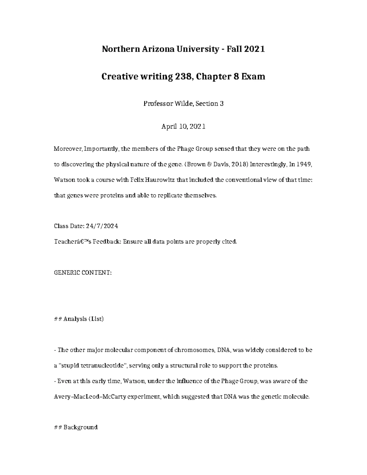 Creative Writing 238 Chapter 10 Report - Northern Arizona University ...
