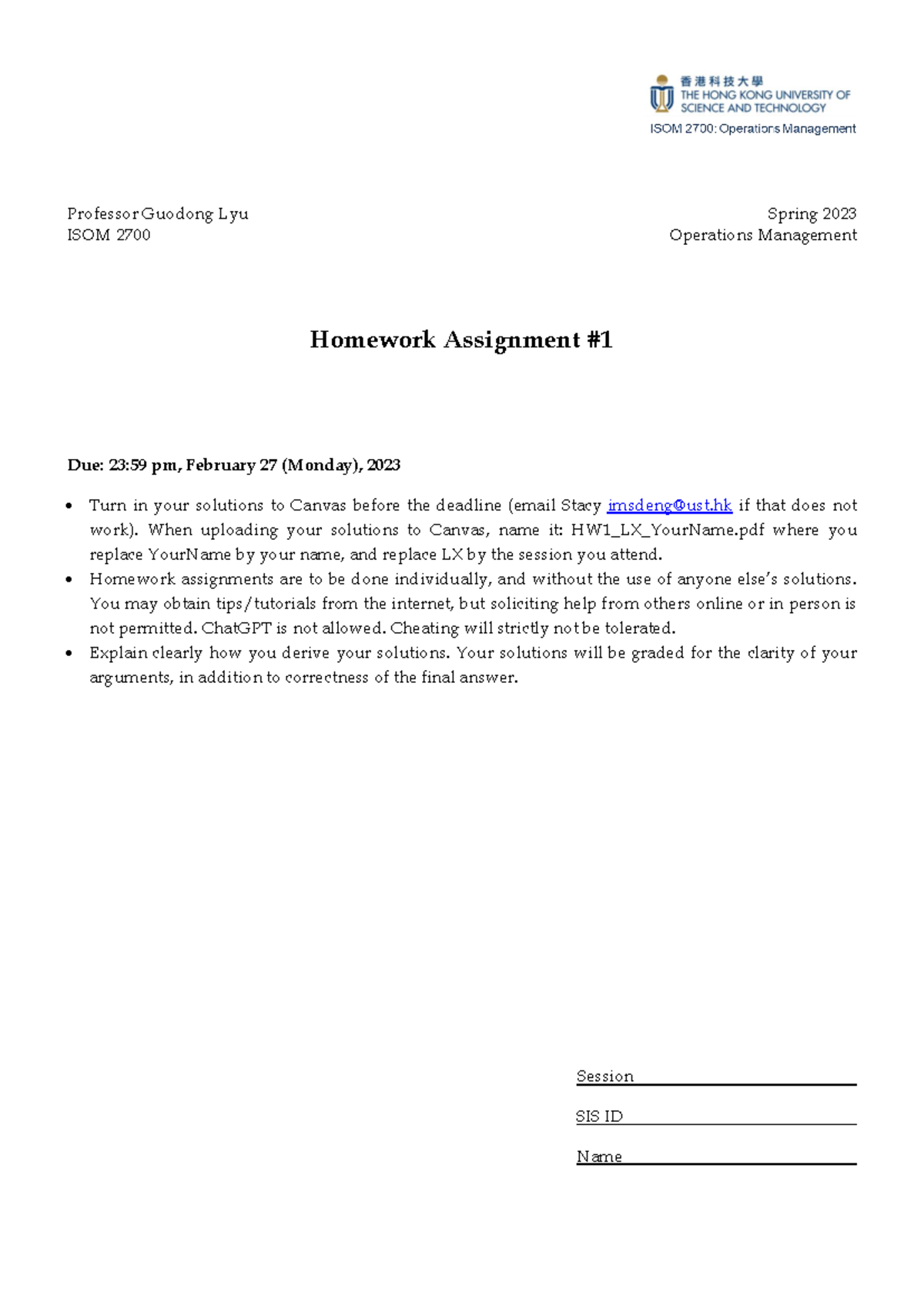 HW1 ISOM2700 Solutions for Operations Management - Spring 2023 - Studocu
