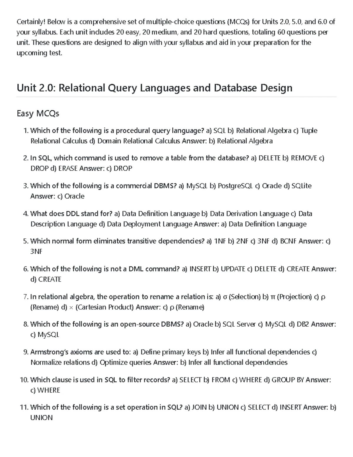 DBMS 101: Top 20 Predicted MCQs for Final Exam - Studocu
