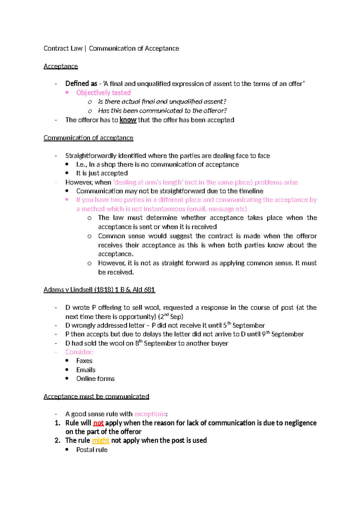 Contract Law | Final Exam Notes on Communication of Acceptance - Studocu