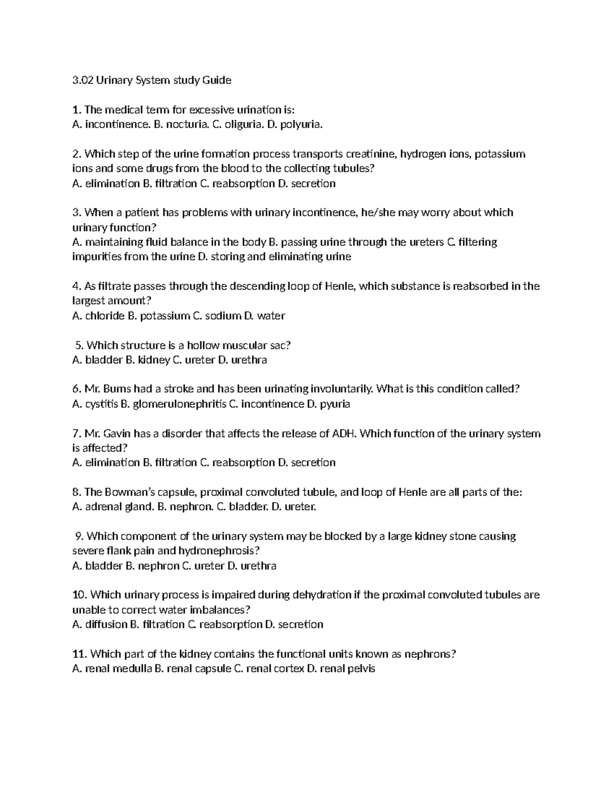 3.03 Urinary System Study Guide - Key Concepts and Practice Questions ...