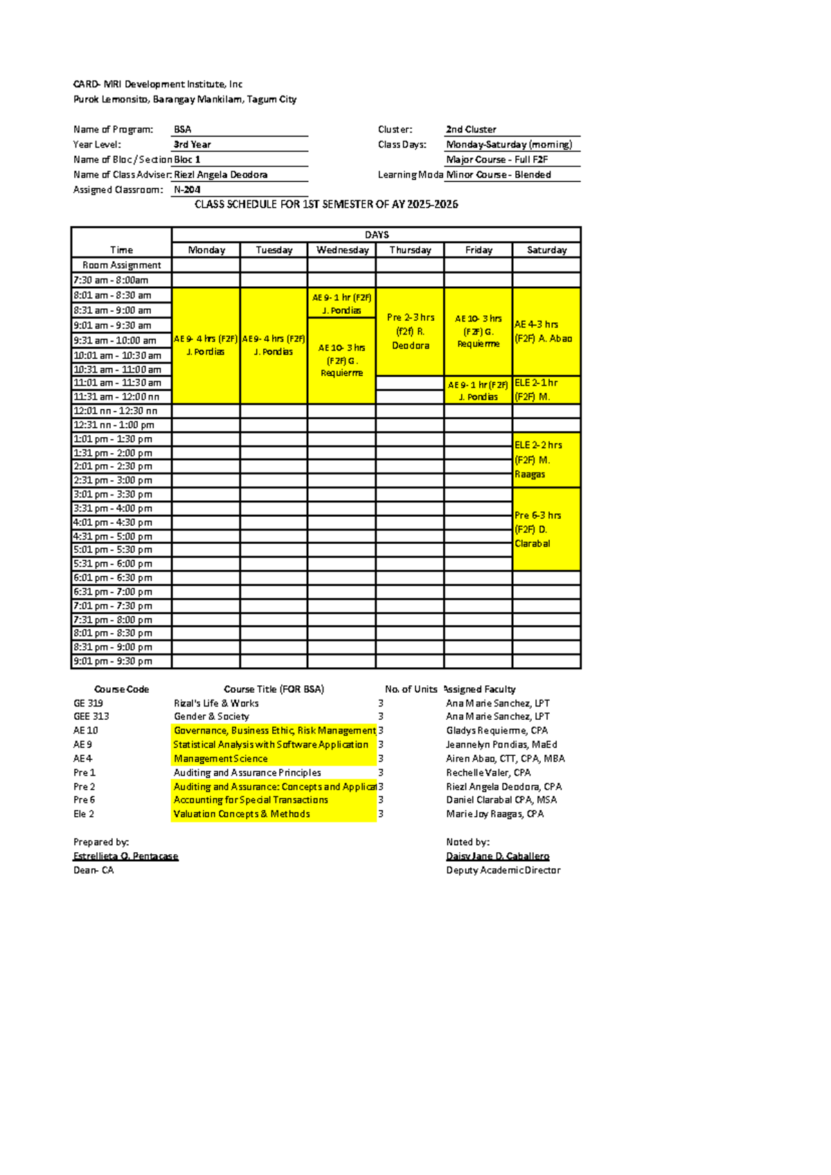 Class Schedule for BSA & BSAIS 3rd Year - 1st Semester 2025-2026 - Studocu