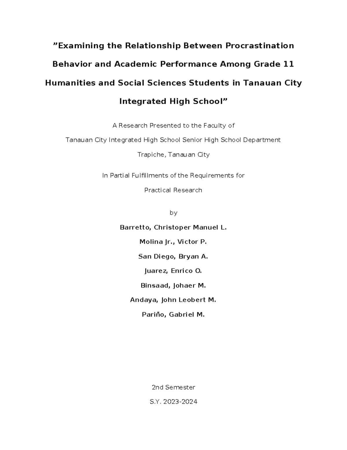 Examining Procrastination and Academic Performance: Grade 11 HSS Study ...