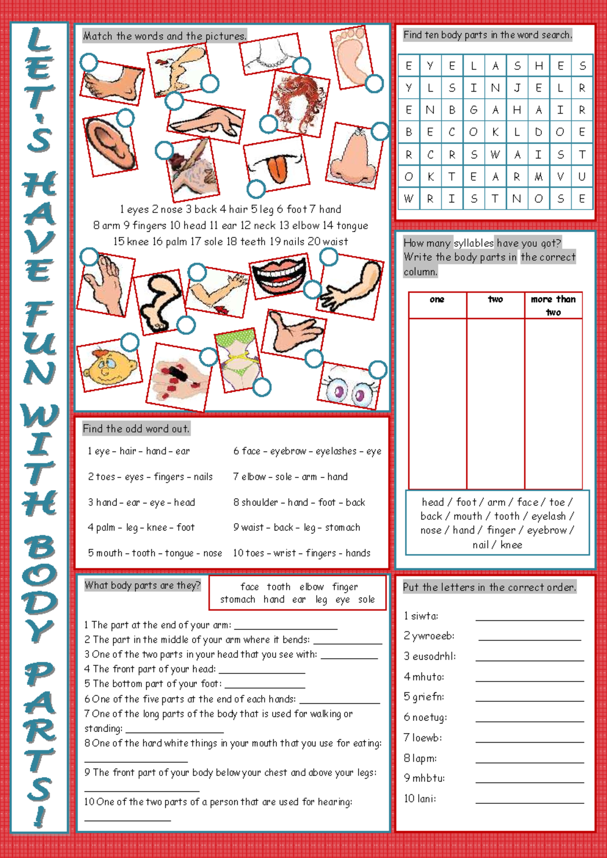 Parts OF THE BODY - ingles - Find ten body parts in the word search. E ...