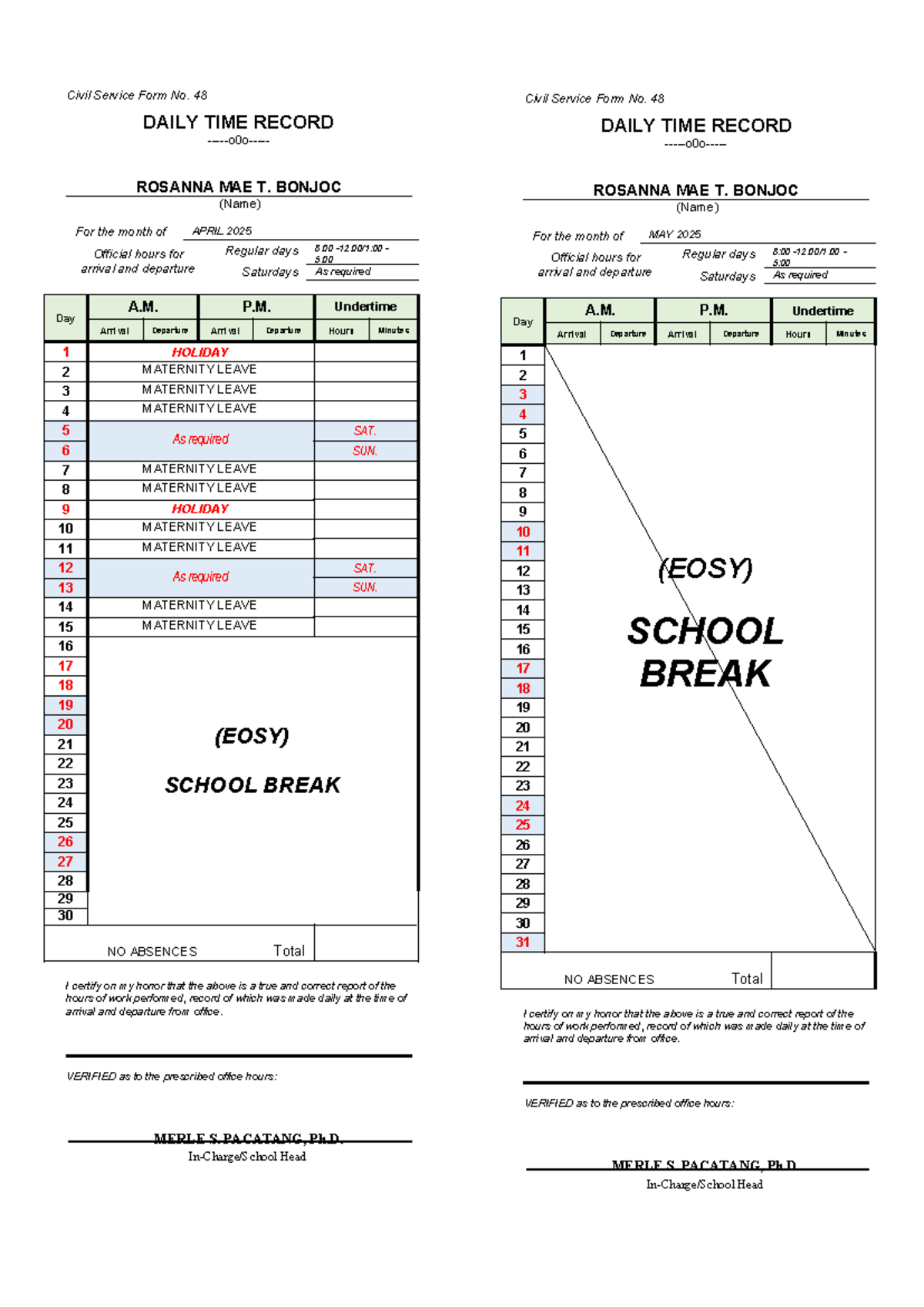 Teachers DTR (Daily Time Record) Sample for April & May 2025 - Studocu