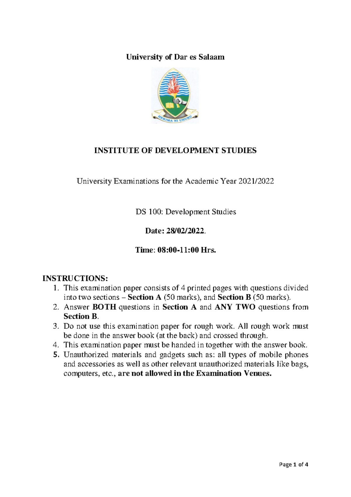 DS 100: Development Studies Final Exam Questions and Instructions - Studocu