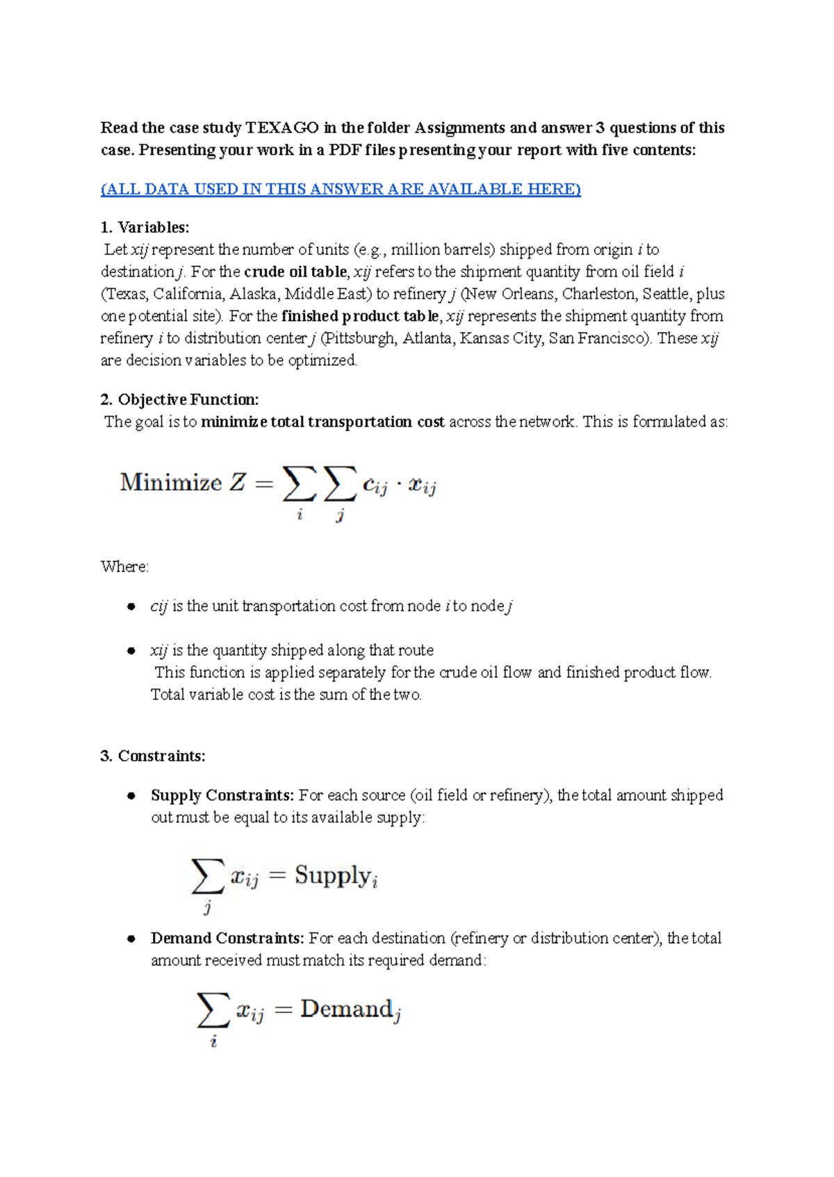 Case Study Analysis: TEXAGO Transportation Cost Optimization - Studocu