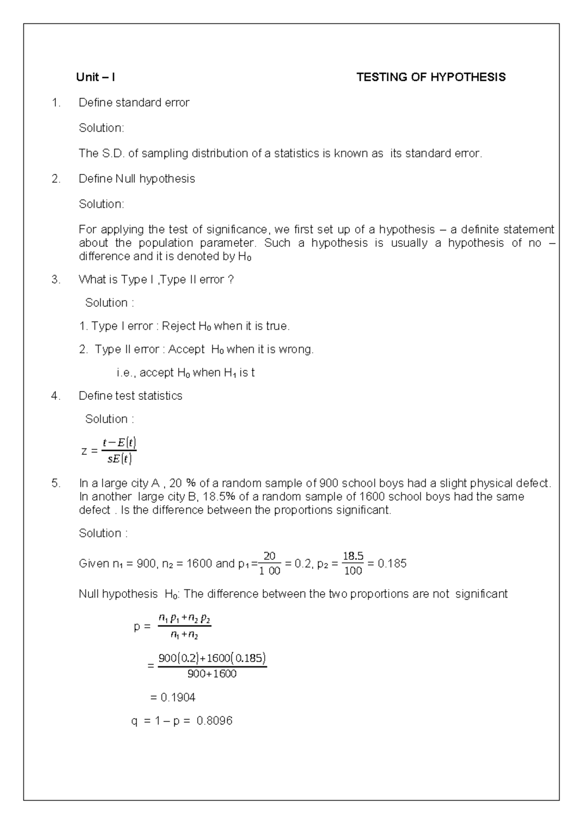 SNM 2 Mark - Hypothesis Testing and ANOVA Concepts - Studocu