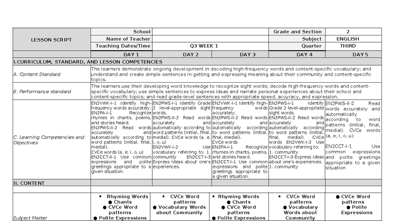 English DLL Q3 Week 1 - Lesson Script for Grade 2 - Studocu