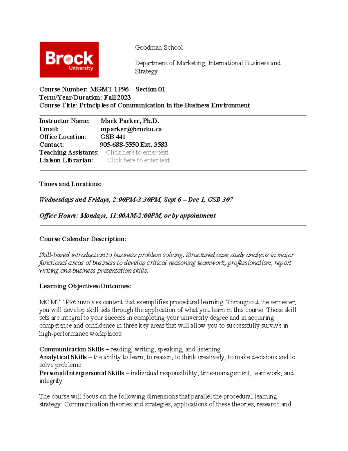 Course Outline MGMT 1P96 - Principles of Communication Fall 2023 - Studocu