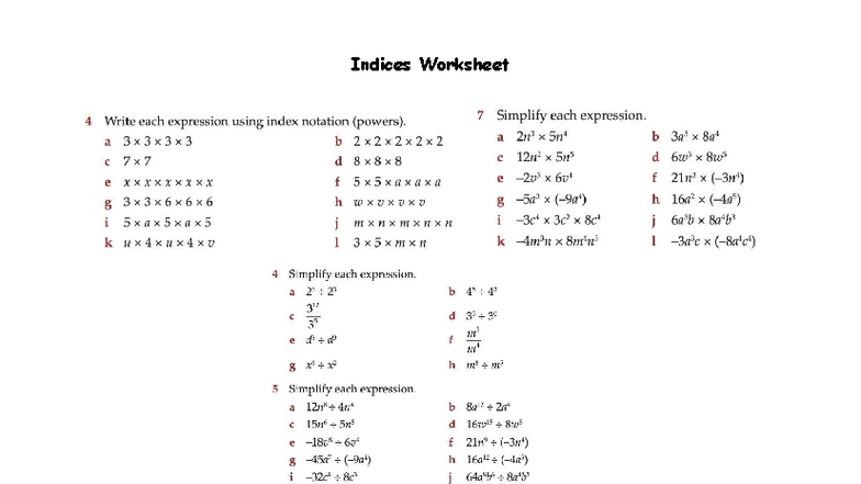 Indices Worksheet 4: Expressions and Simplification Exercises - Studocu