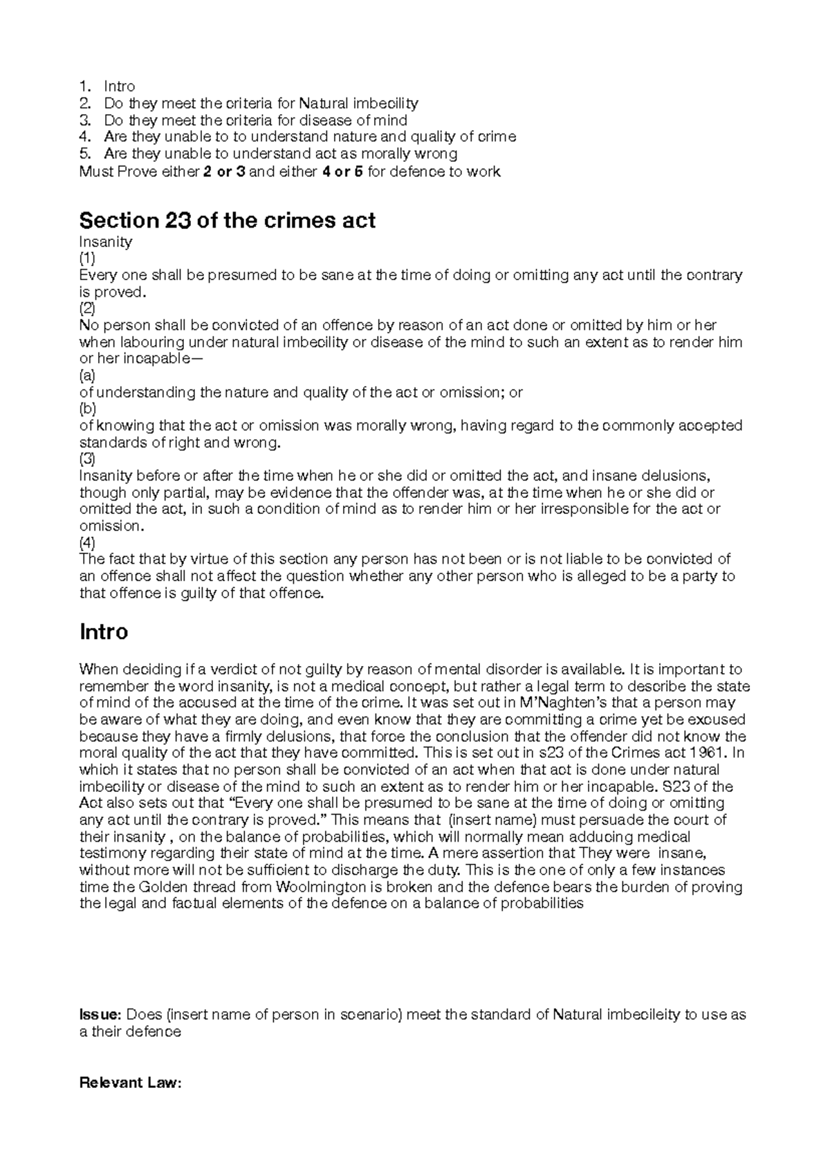 Insanity Defense Exam Prep: Key Legal Standards & Case Analysis - Studocu