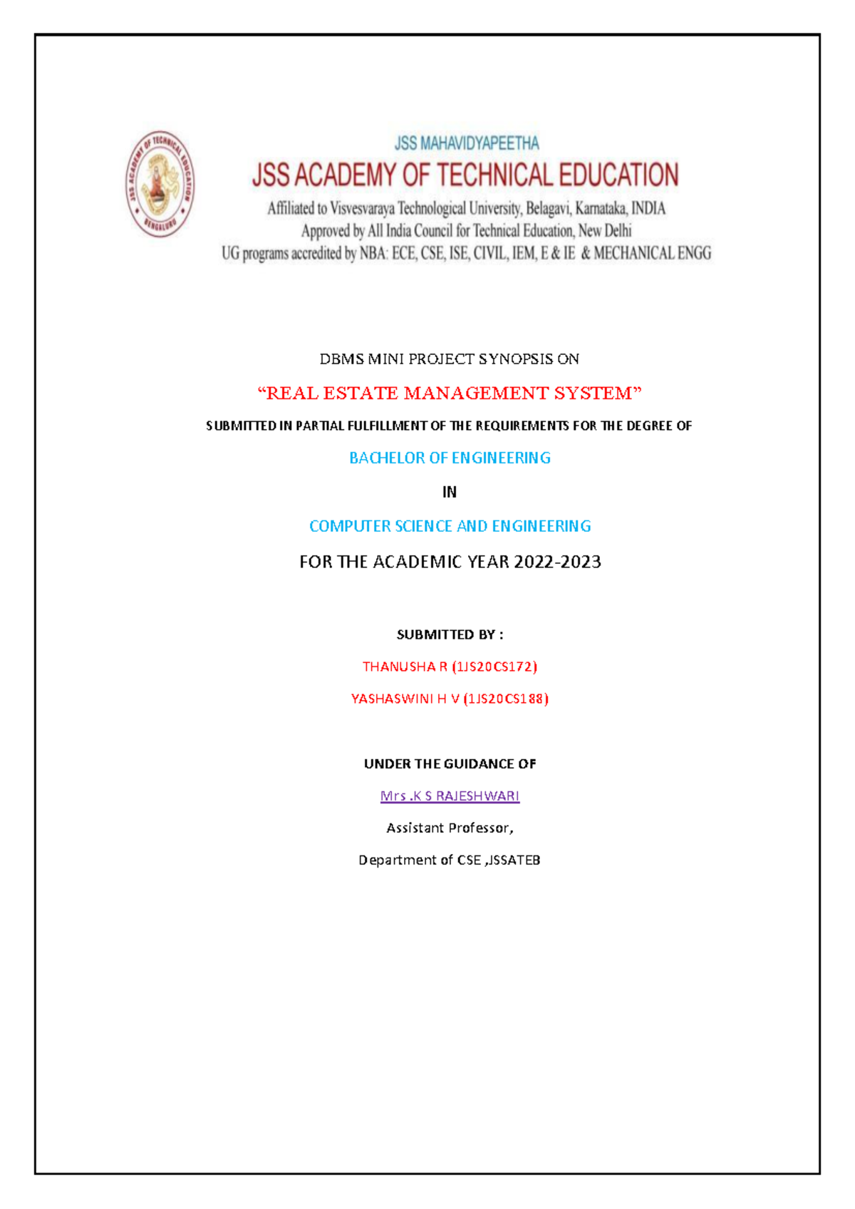 Real Estate Management System Mini Project Synopsis - CSE 2022 - Studocu