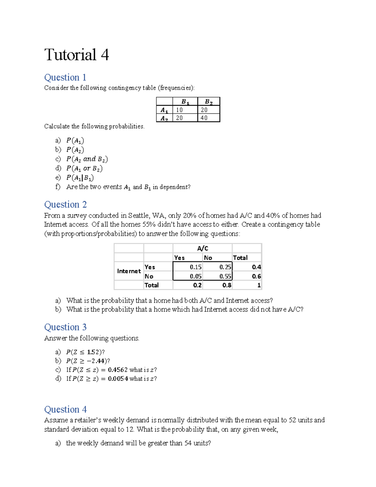 Tutorial 4: Probability Calculations and Contingency Tables - Studocu