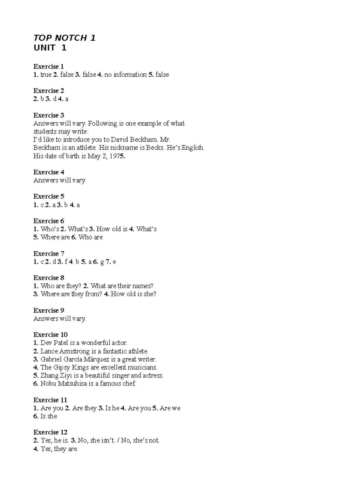 Top-notch-1-anwers-workbook compress - TOP NOTCH 1 UNIT 1 Exercise 1 1 ...