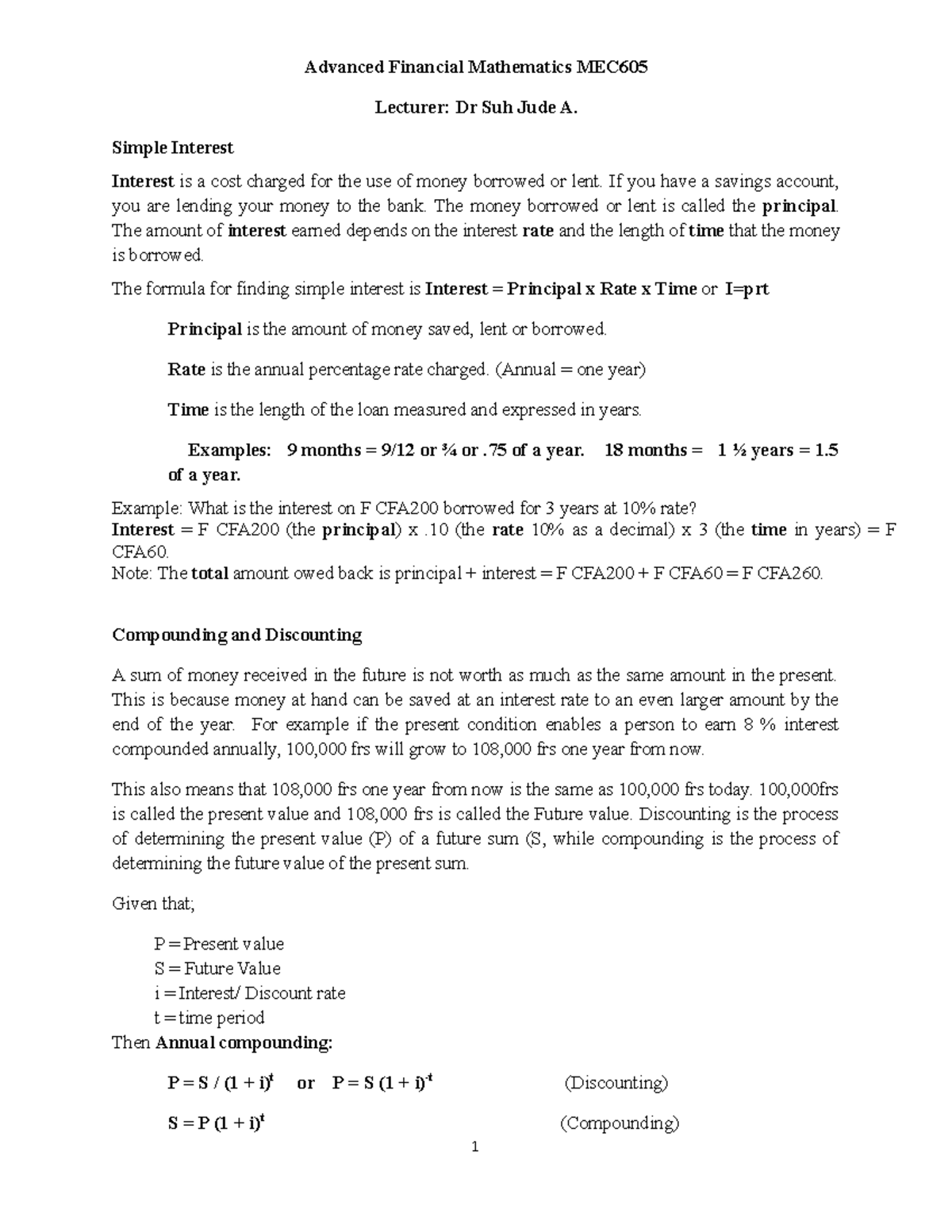 Advanced Financial Mathematics MEC: Simple Interest & Compounding ...