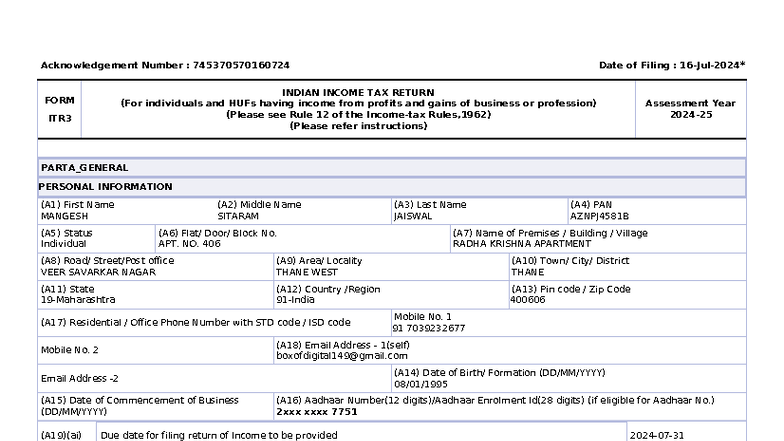 ITR-3 Filing Acknowledgement for AY 2023-24: Mangesh Jaiswal - Studocu