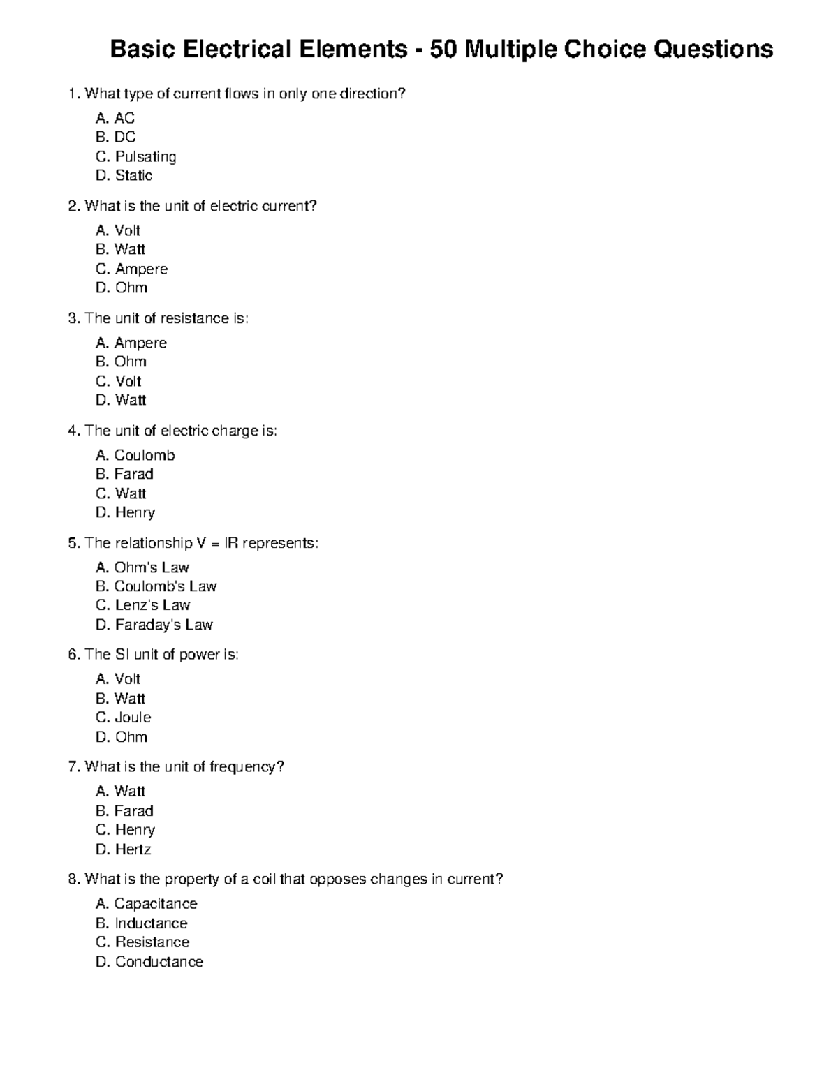 Basic Electricity QUIZ 50 MCQs on Electrical Elements - Studocu