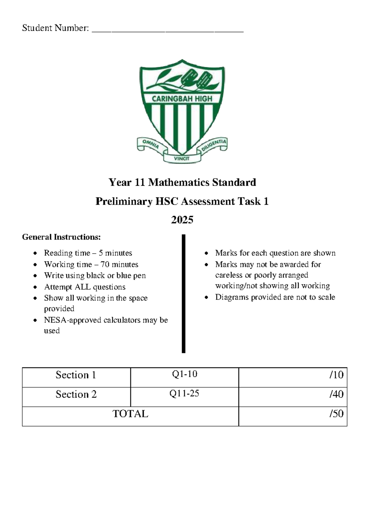 Year 11 Mathematics Standard Preliminary HSC Assessment Task 1 2025 ...