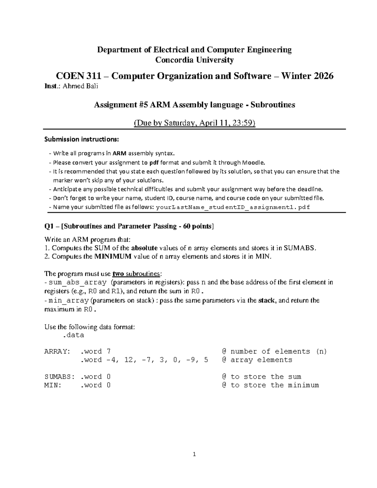 COEN 311 Assignment 5: ARM Assembly Language Subroutines - Studocu
