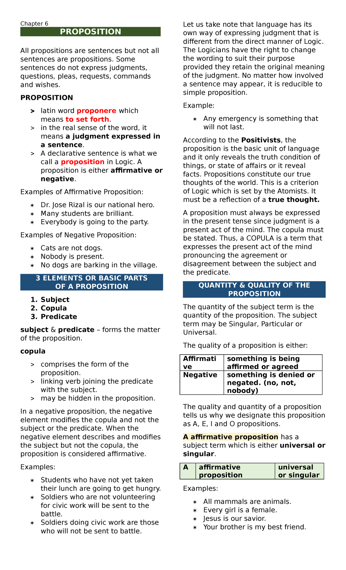 Logic Chapter 6: Understanding Propositions and Their Elements - Studocu