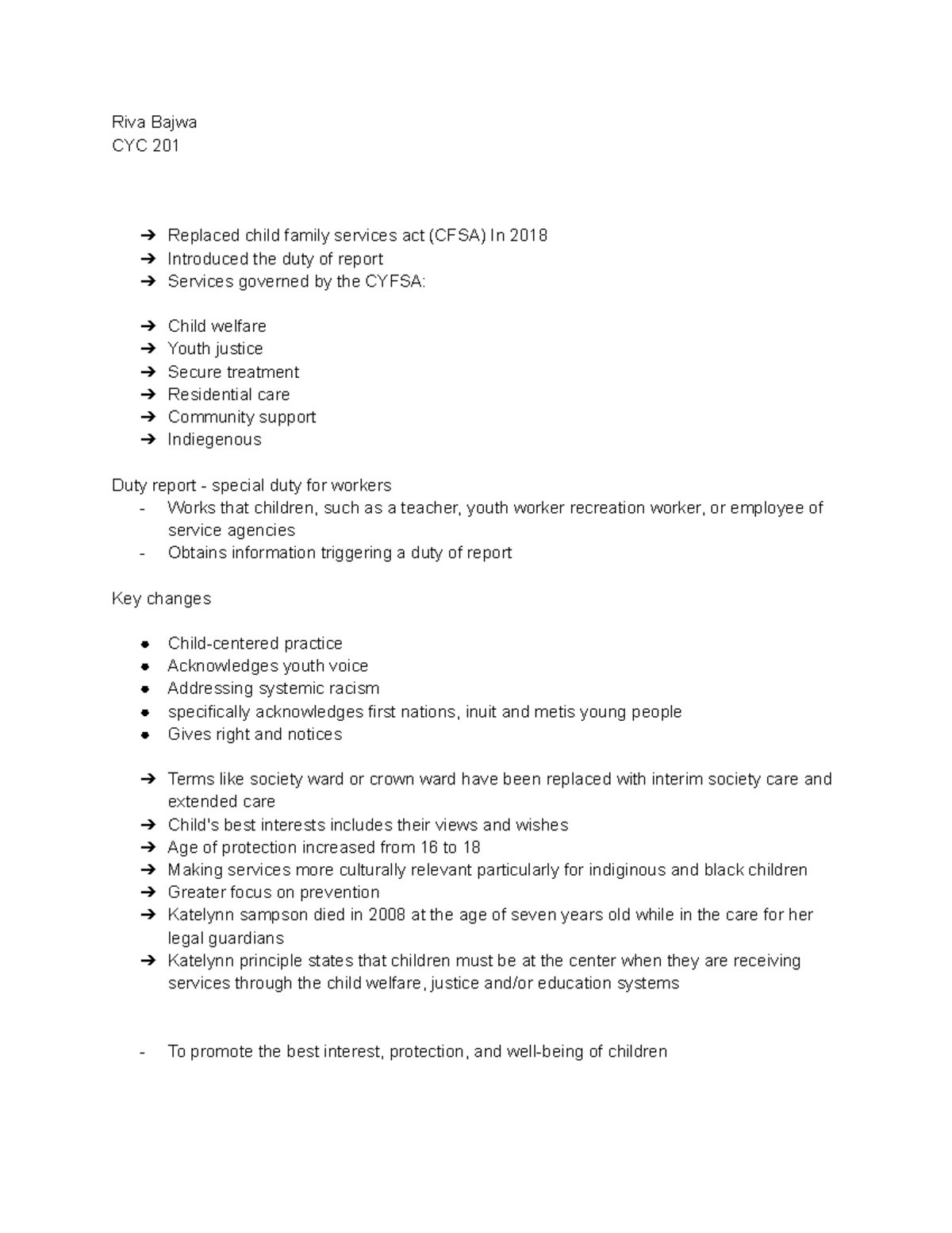 CYC 201 Week 3 Lecture Notes: Child Welfare & CFSA Changes - Studocu