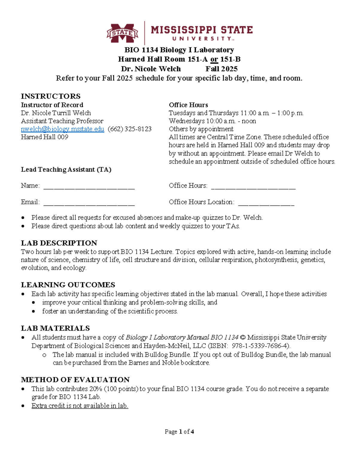 BIO 1134 Biology I Lab Syllabus & Schedule - Fall 2025 - Studocu