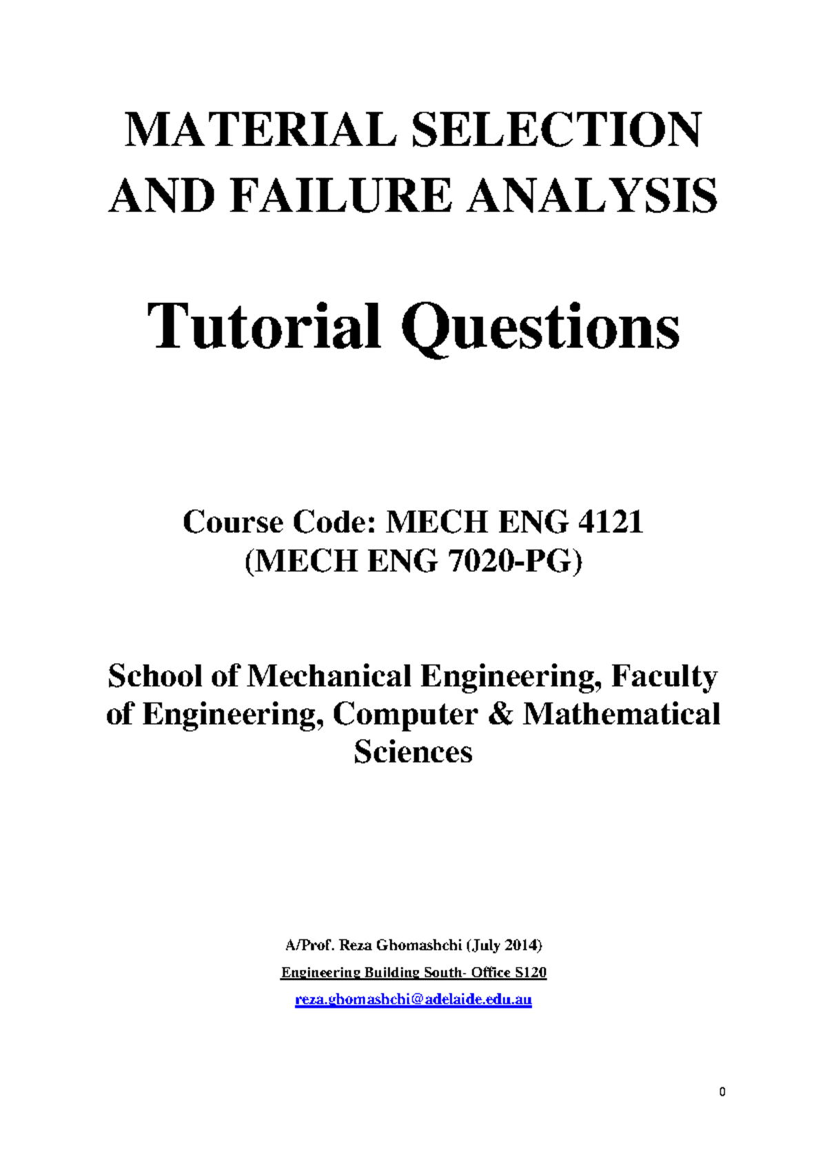 Tutorial Questions on Material Selection & Failure Analysis - MECH ENG ...