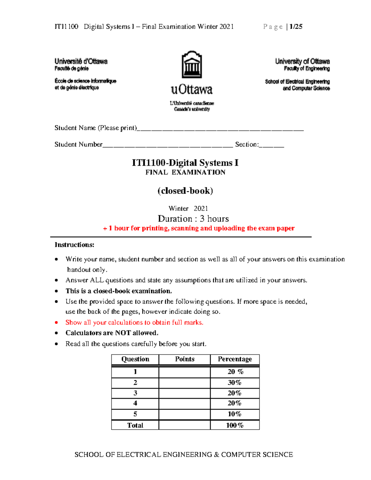 Iti1100 final exam pdf - Student Name (Please print