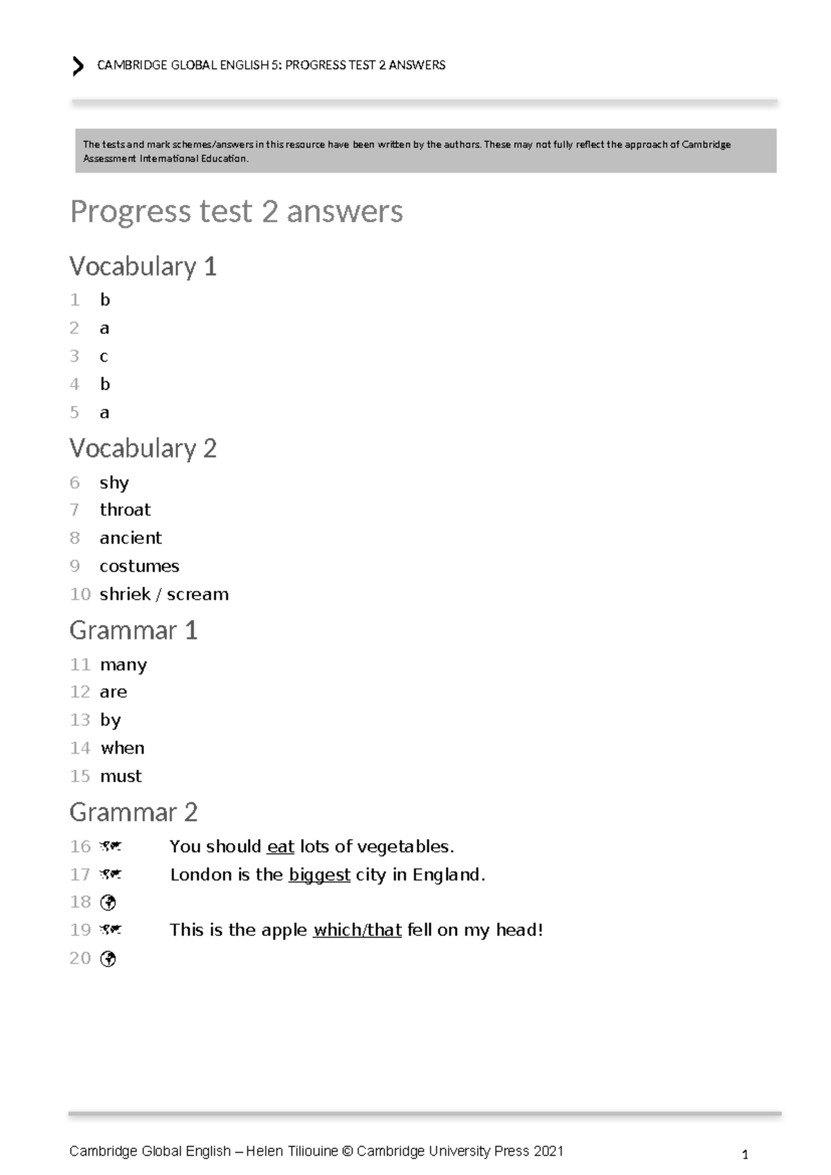 CAMBRIDGE GLOBAL ENGLISH 5: PROGRESS TEST 2 ANSWERS - Studocu