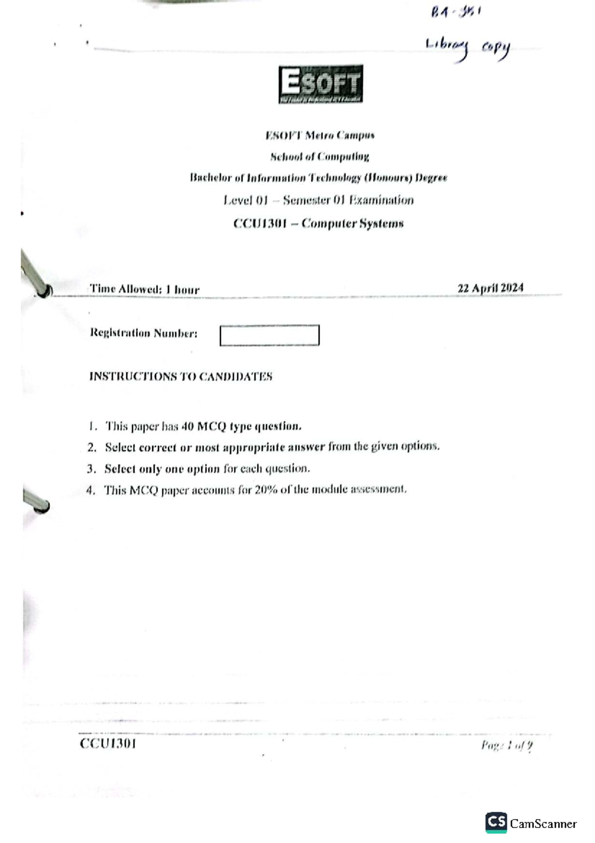 CCU1301 Midterm Exam MCQs - Computer Systems (B4 351) - Studocu
