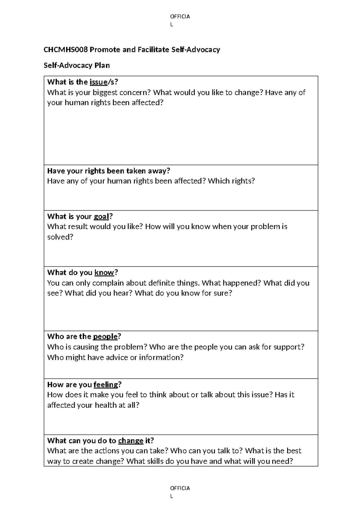 CHCMHS008 Self-Advocacy Plan: Key Questions & Action Steps - Studocu