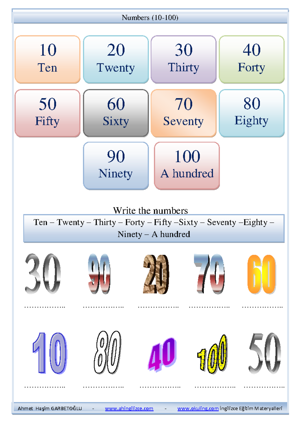 Numbers Worksheet: Ten to One Hundred (10-100) - Ahmet Haşim GARBETOĞLU ...