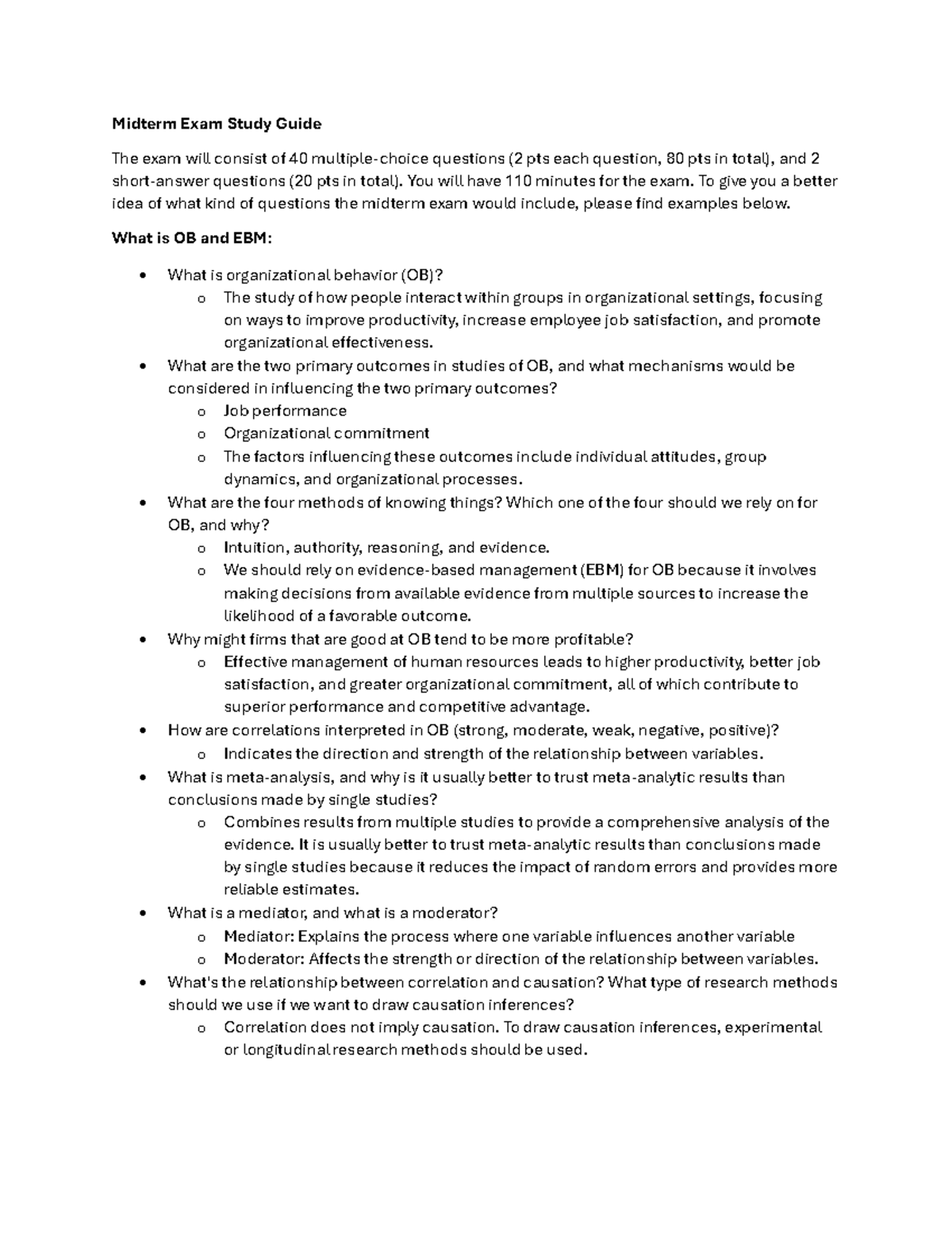 BA 354 Midterm Exam Comprehensive Study Guide on OB and EBM - Studocu