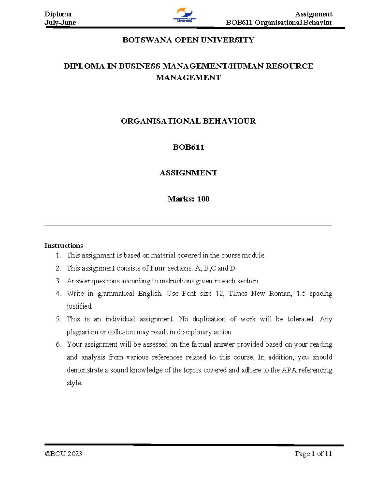 BOB611 Final Assignment - Organisational Behaviour Overview - Studocu