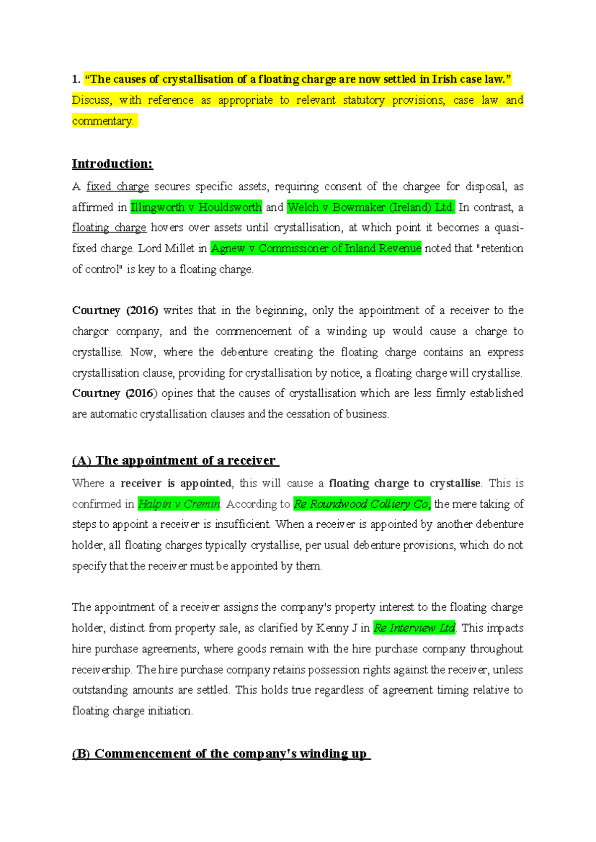 Final Exam - Crystallisation of Floating Charges in Irish Law - Studocu