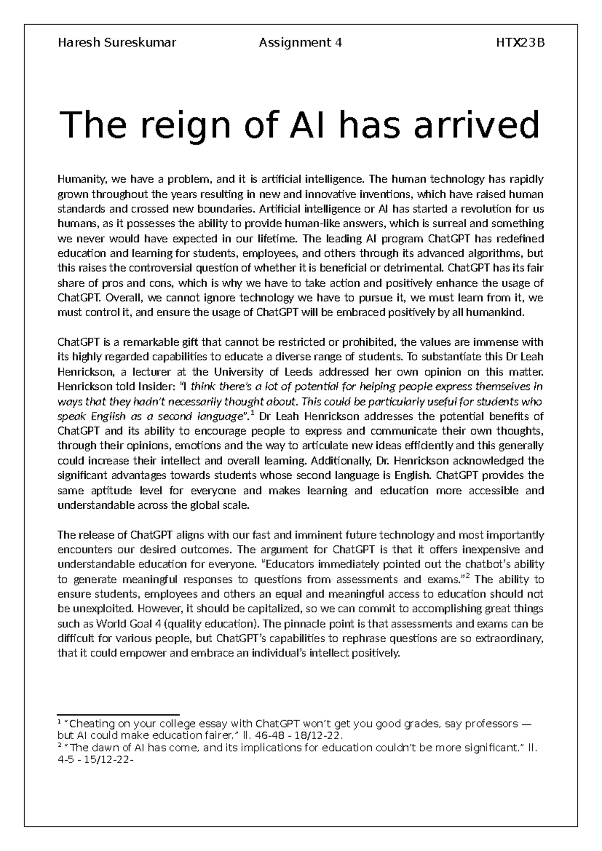Assignment 4 HTX23B: The Impact of AI on Education and Learning - Studocu