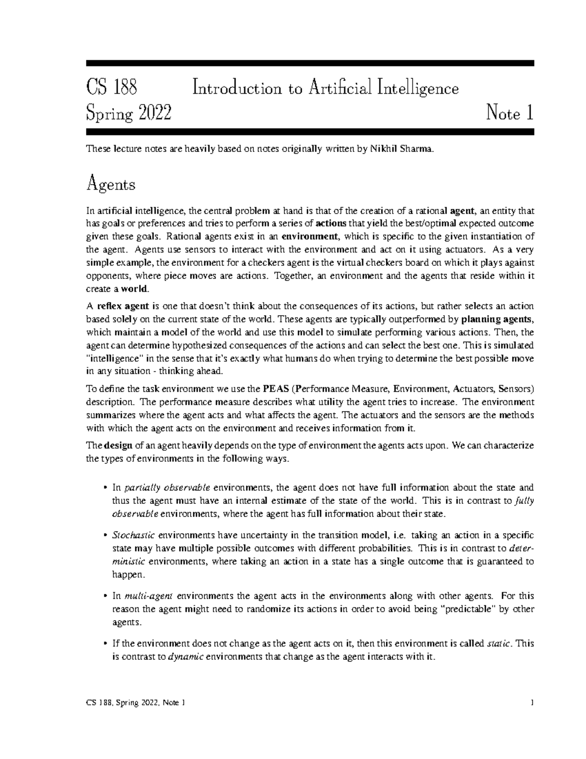 CS 188 Sp22 - Lecture Notes on Rational Agents and Search Strategies ...