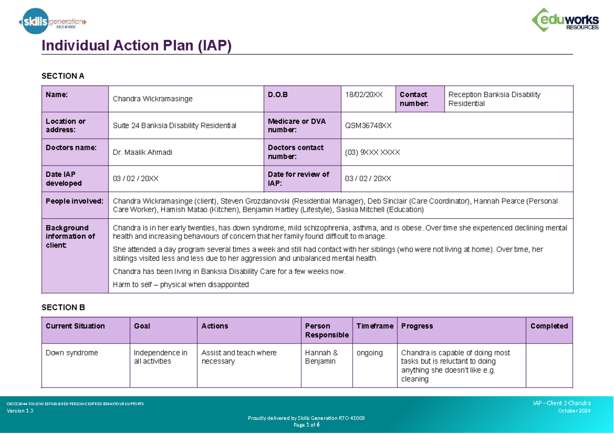 Individual Action Plan (IAP) for Client 2: Chandra's Care Strategy ...
