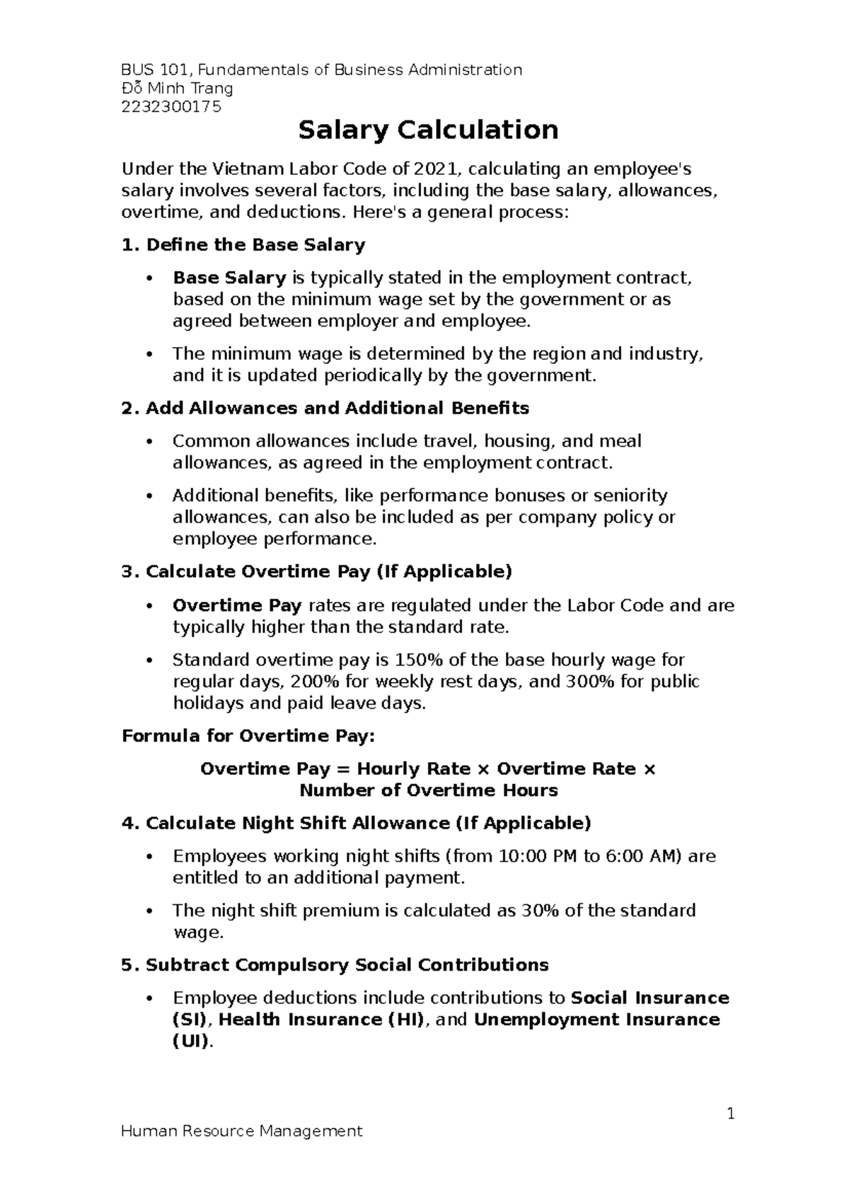 BUS 101: Salary Calculation Under Vietnam Labor Code 2021 - Studocu