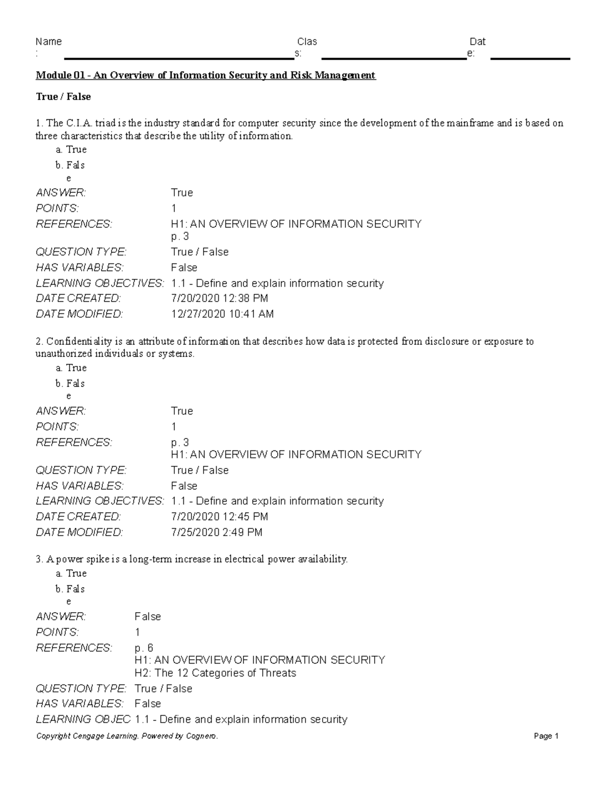Module 01: Overview of InfoSec & Risk Management Quiz Notes - Studocu