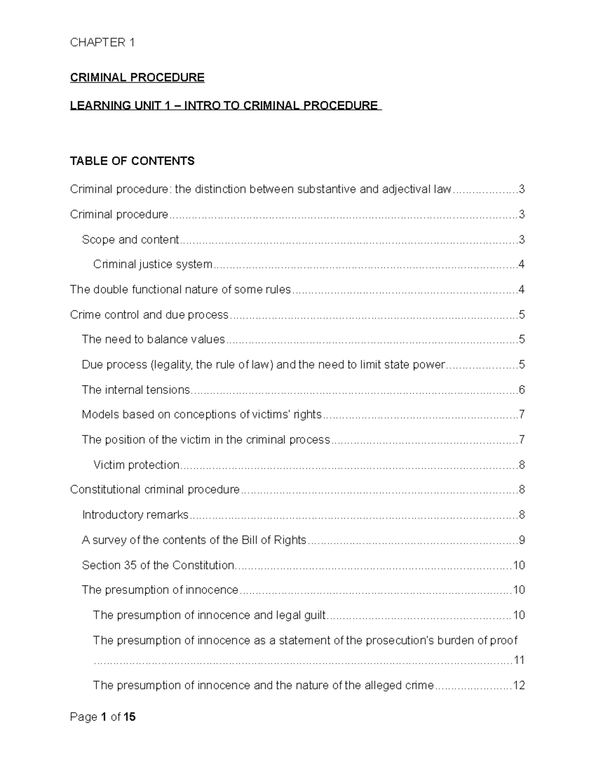 CRUN LU1 CHAPTER 1 - INTRODUCTION TO CRIMINAL PROCEDURE - Studocu