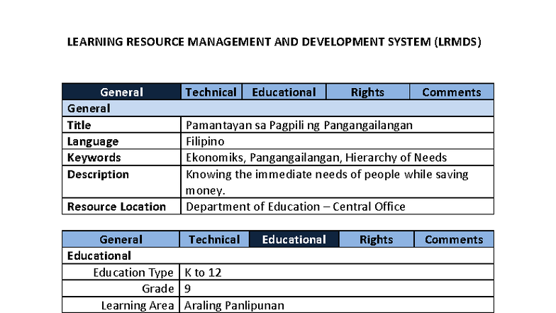 AP9 - Pangangailangan - LEARNING RESOURCE MANAGEMENT AND DEVELOPMENT ...